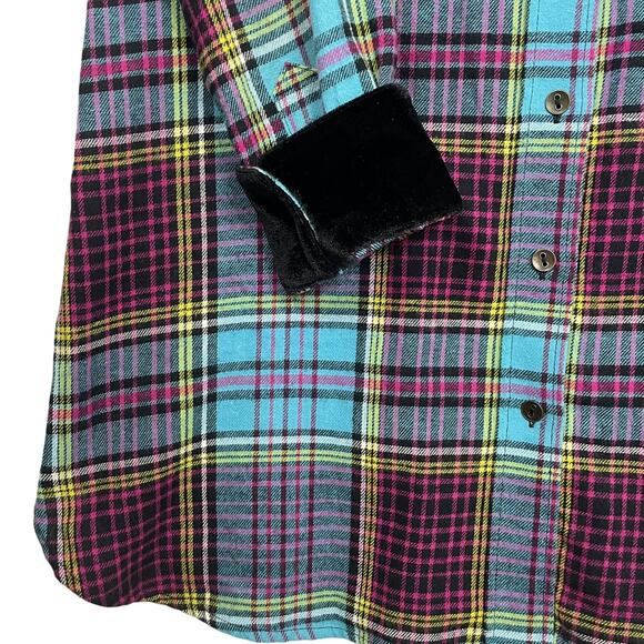 Soft Surroundings M Highlands Plaid Velvet Cuff Shirt Turquoise Pink Boho - Picture 9 of 14